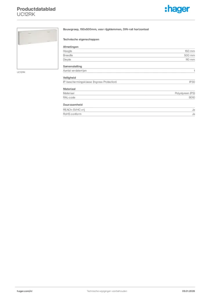 Afbeelding Hager Productdatablad UC12RK | Hager Nederland
