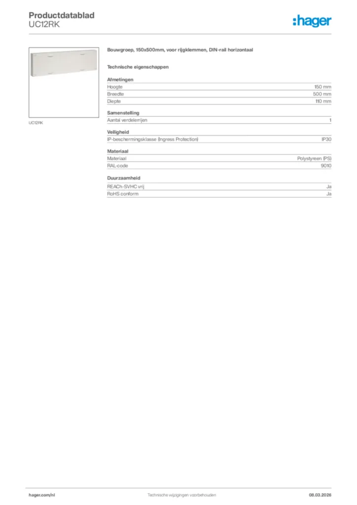 Afbeelding Hager Productdatablad UC12RK | Hager Nederland