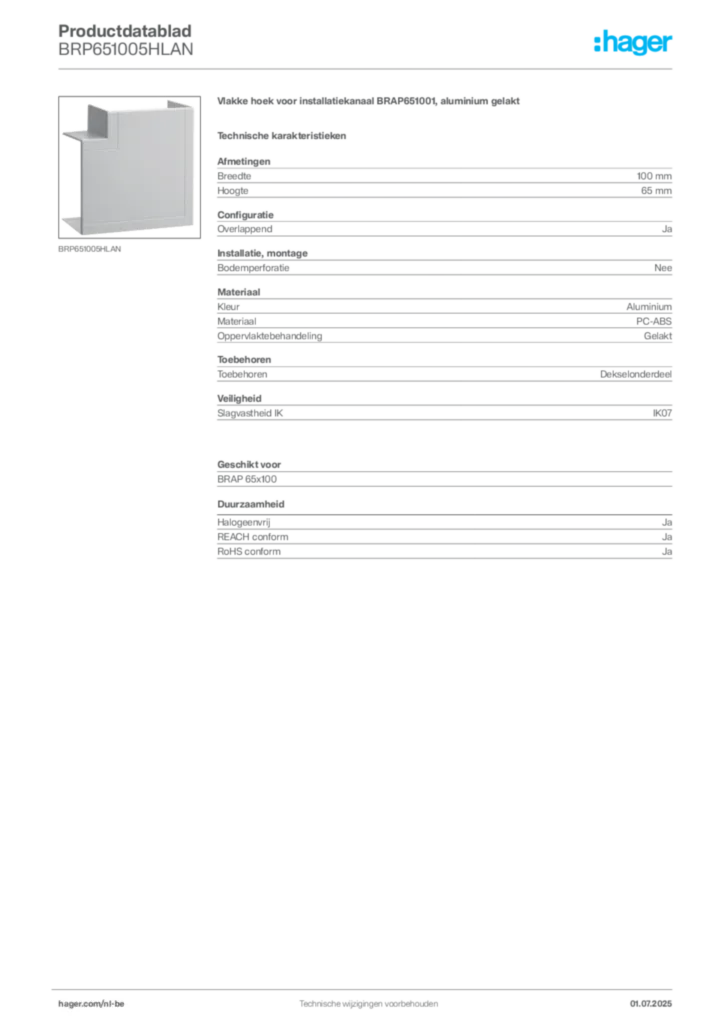 Afbeelding Hager Productdatablad BRP651005HLAN | Hager Belgium