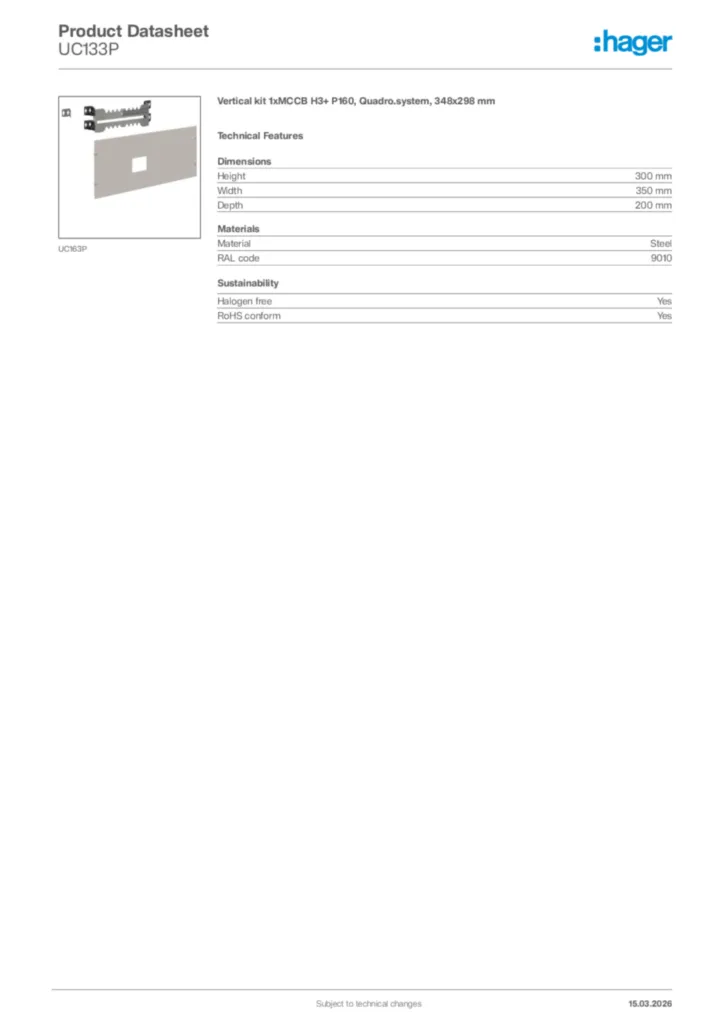 Image Hager Product data sheet UC133P  | Hager Africa