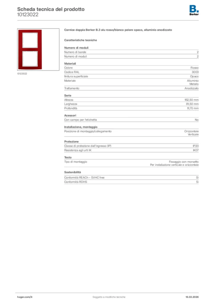 Immagine Berker Scheda tecnica del prodotto 10123022 | Hager Italia