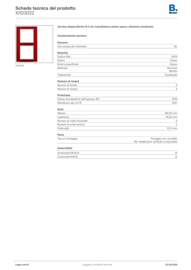 Immagine Berker Scheda tecnica del prodotto 10123022 | Hager Italia