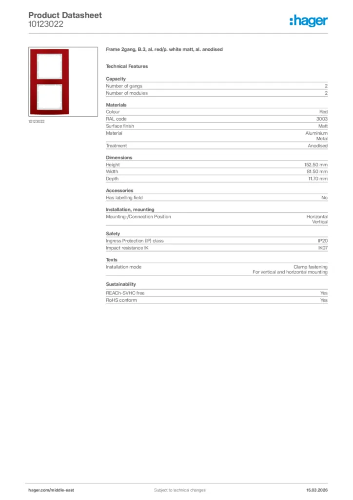 Image Hager Product data sheet 10123022  | Hager