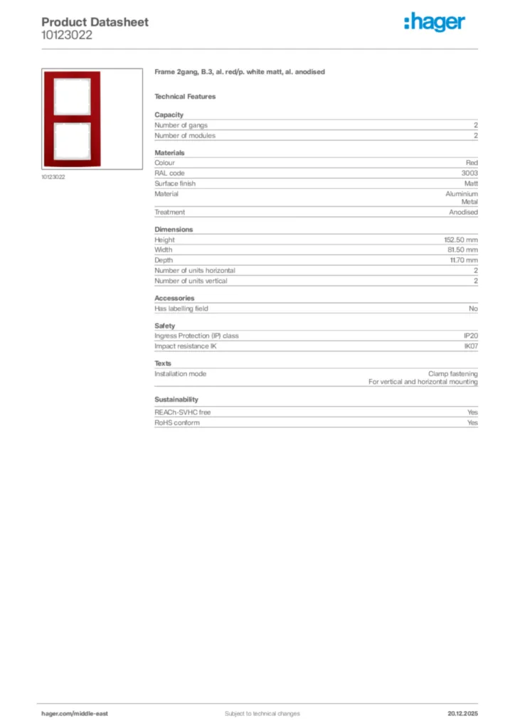 Image Hager Product data sheet 10123022  | Hager