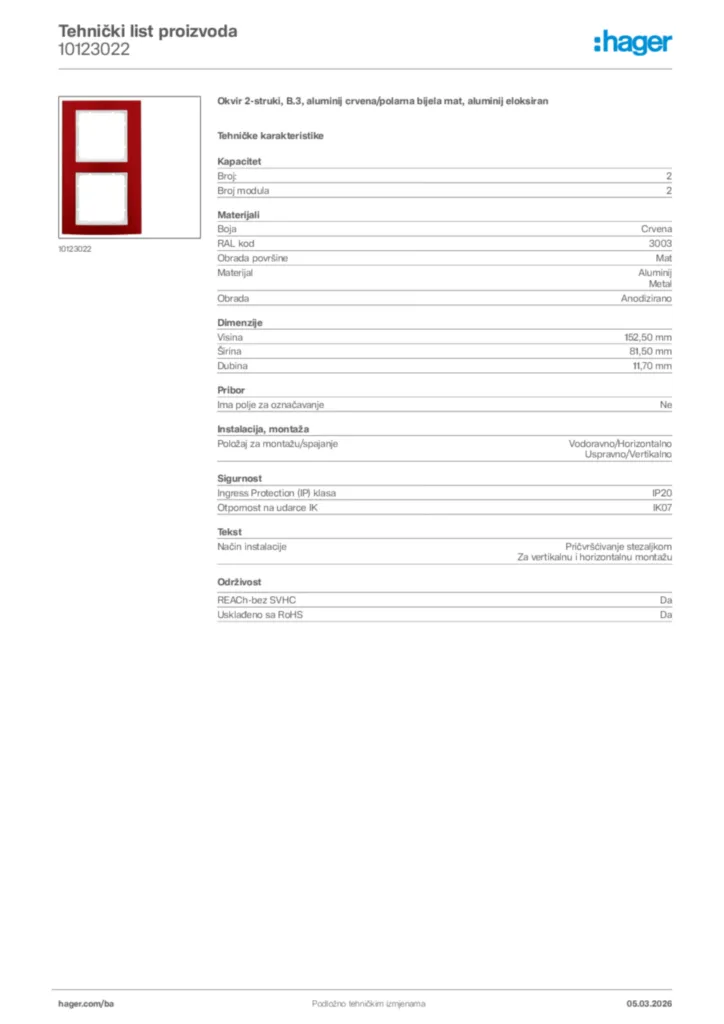 Slika Hager Tehnički list proizvoda 10123022  | Hager