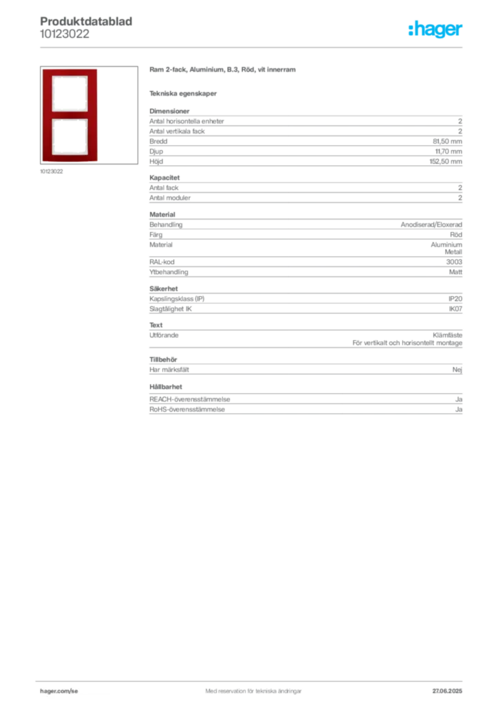 Bild Hager Produktdatablad 10123022 | Hager Sverige