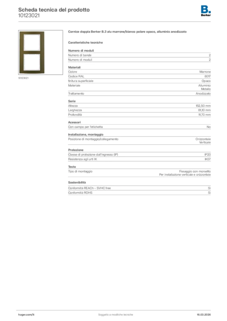 Immagine Berker Scheda tecnica del prodotto 10123021 | Hager Italia