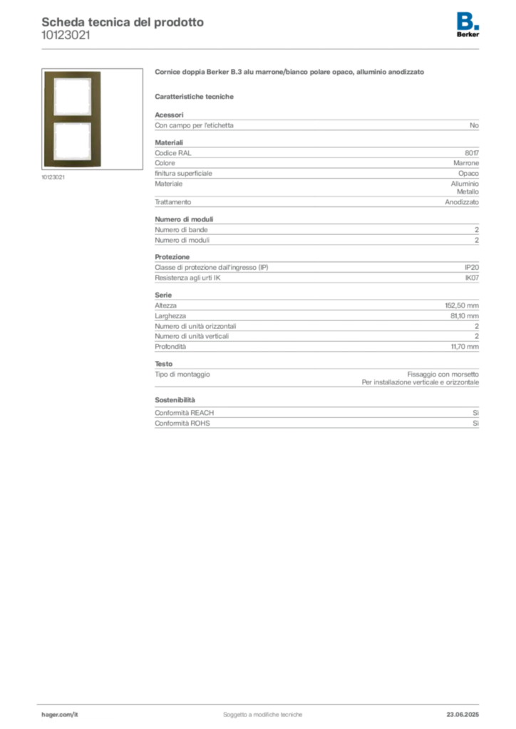 Immagine Berker Scheda tecnica del prodotto 10123021 | Hager Italia