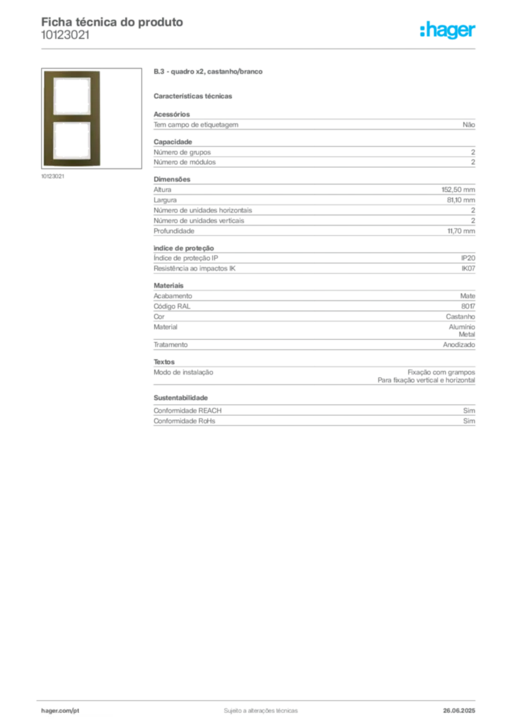 Imagem Hager Ficha técnica do produto 10123021 | Hager Portugal