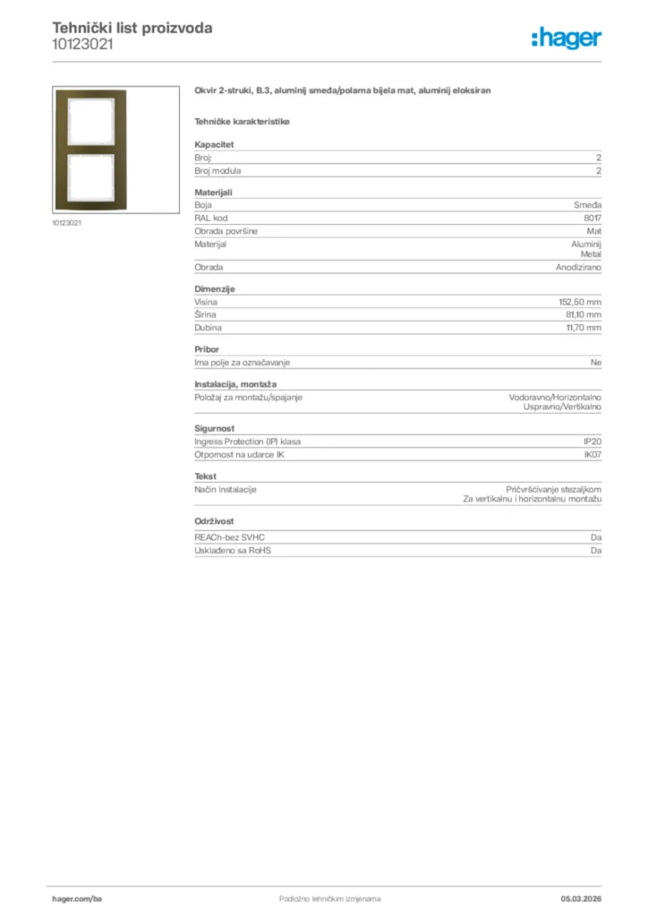 Slika Hager Tehnički list proizvoda 10123021  | Hager