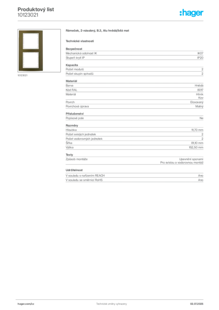 Obrázek Hager Produktový list 10123021 | Hager