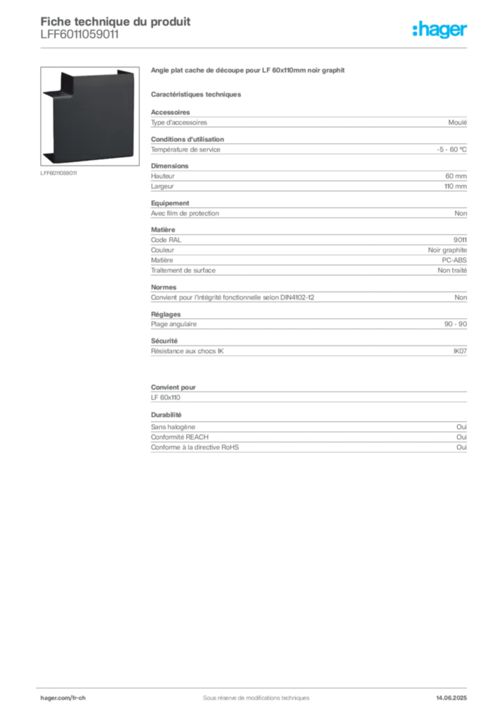Image Hager Fiche technique du produit LFF6011059011 | Hager Suisse