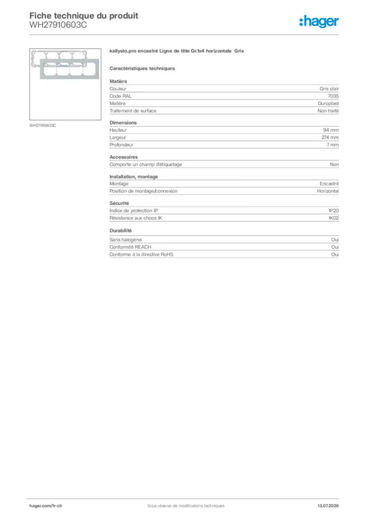 Image Hager Fiche technique du produit WH27910603C | Hager Suisse