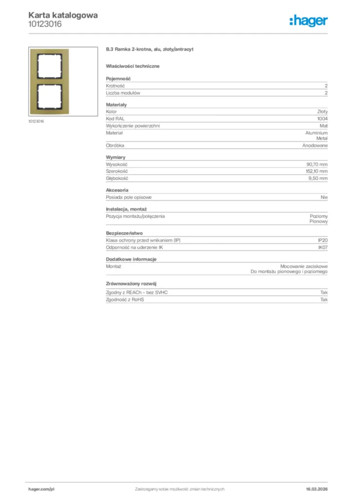 Zdjęcie Hager Karta katalogowa 10123016 | Hager Polska
