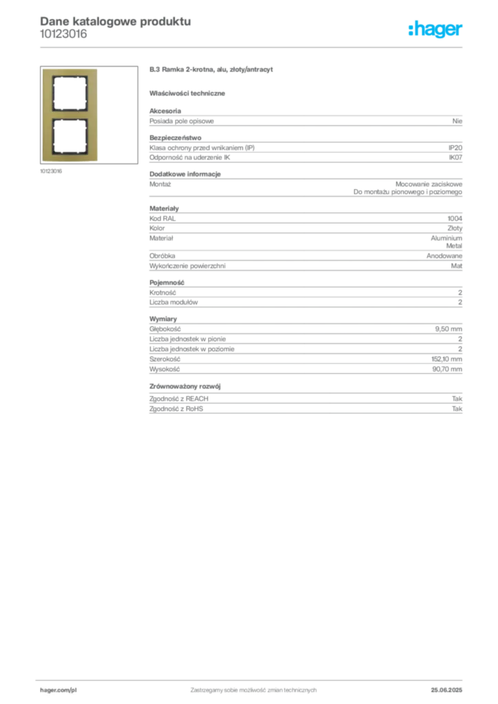 Zdjęcie Hager Karta katalogowa 10123016 | Hager Polska