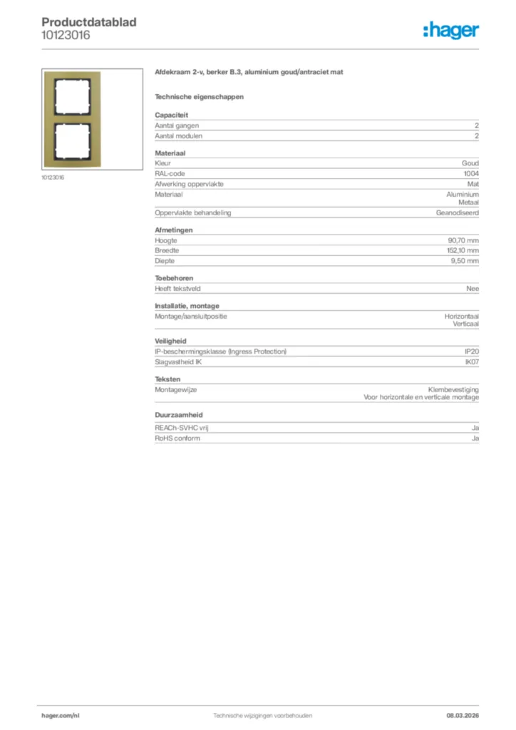 Afbeelding Hager Productdatablad 10123016 | Hager Nederland