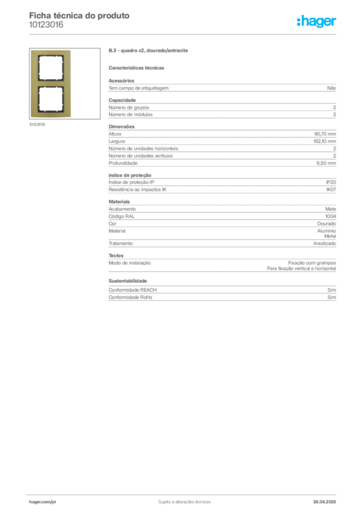 Imagem Hager Ficha técnica do produto 10123016 | Hager Portugal