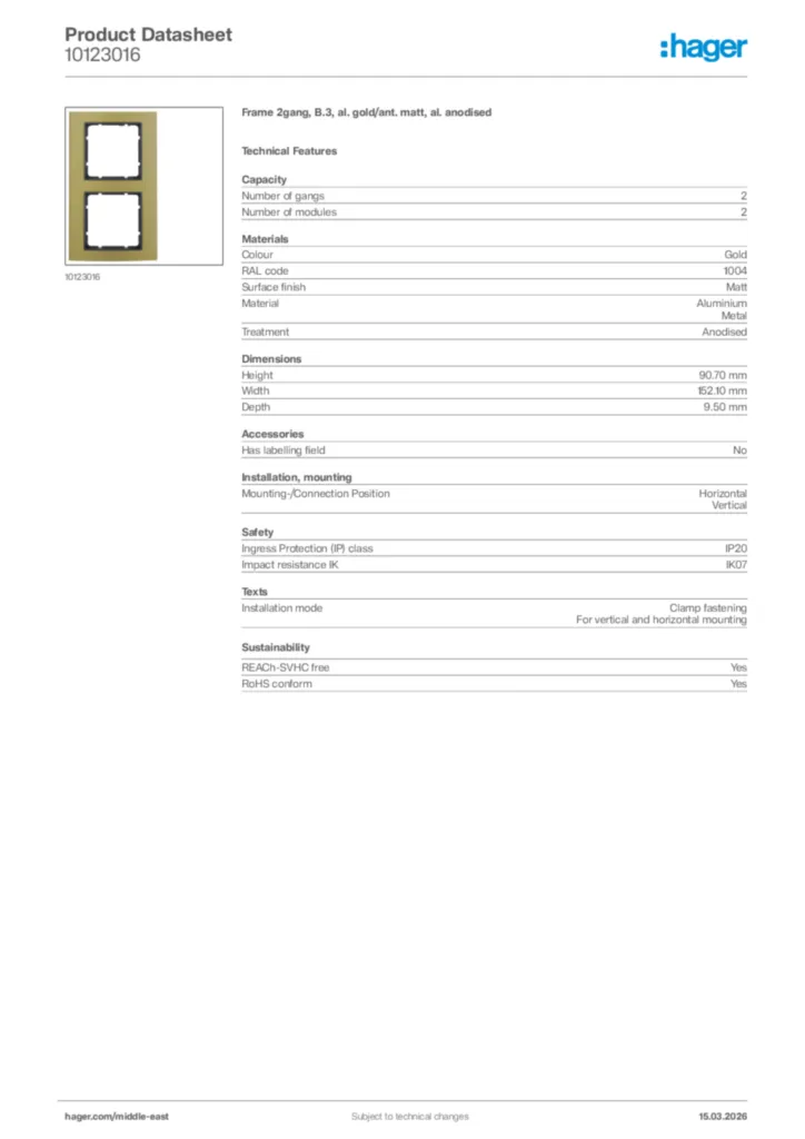 Image Hager Product data sheet 10123016  | Hager