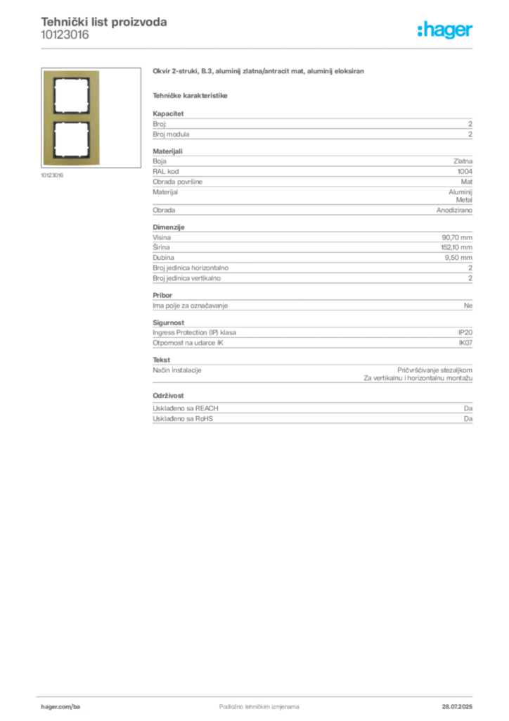 Slika Hager Product data sheet 10123016  | Hager