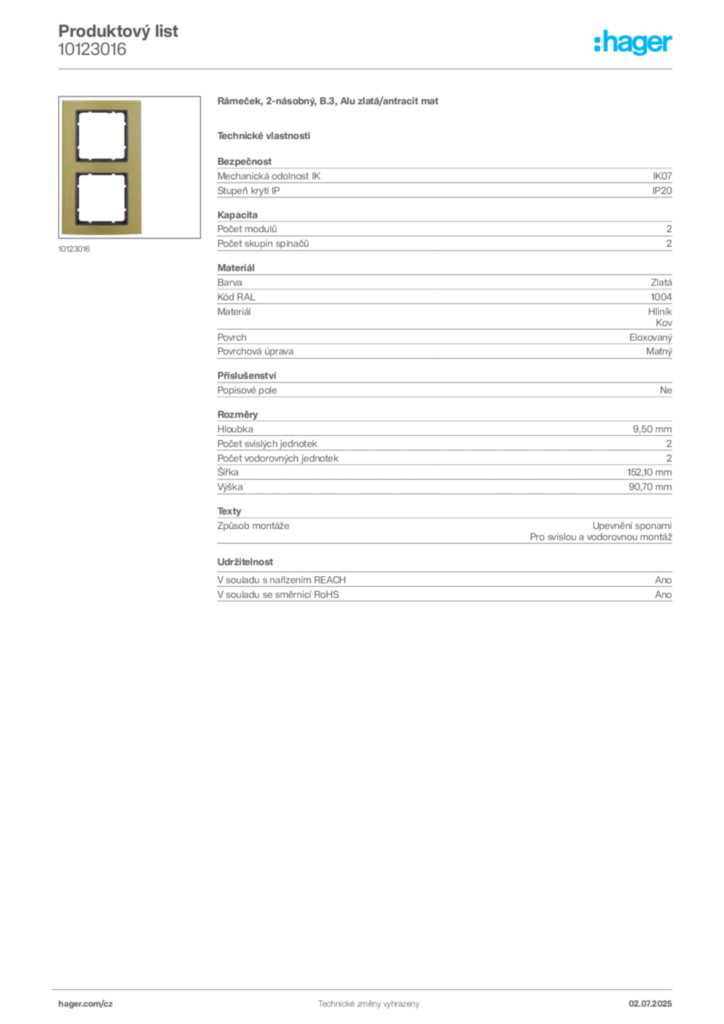 Obrázek Hager Produktový list 10123016 | Hager