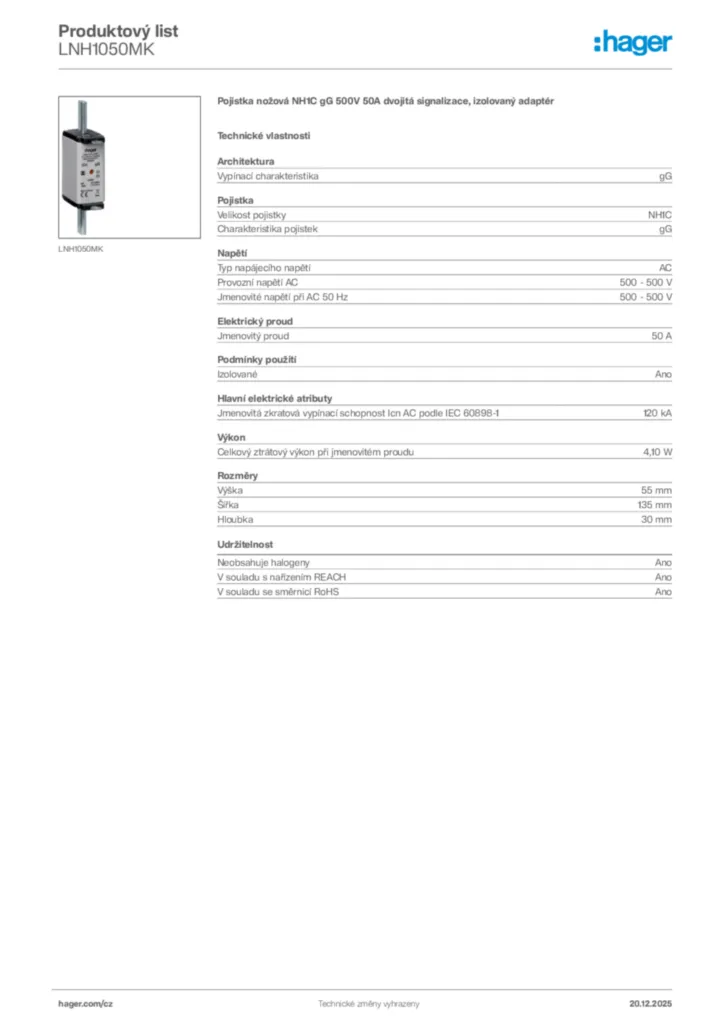 Obrázek Hager Produktový list LNH1050MK | Hager