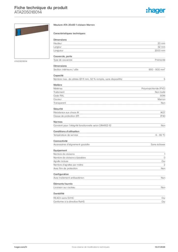 Image Hager Fiche technique du produit ATA205018014 | Hager France