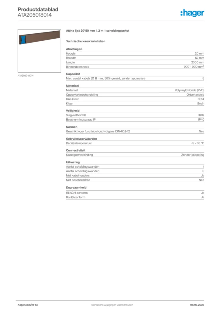 Afbeelding Hager Productdatablad ATA205018014 | Hager Belgium