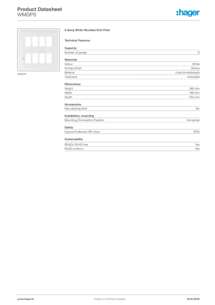 Image Hager Product data sheet WMGP8  | Hager