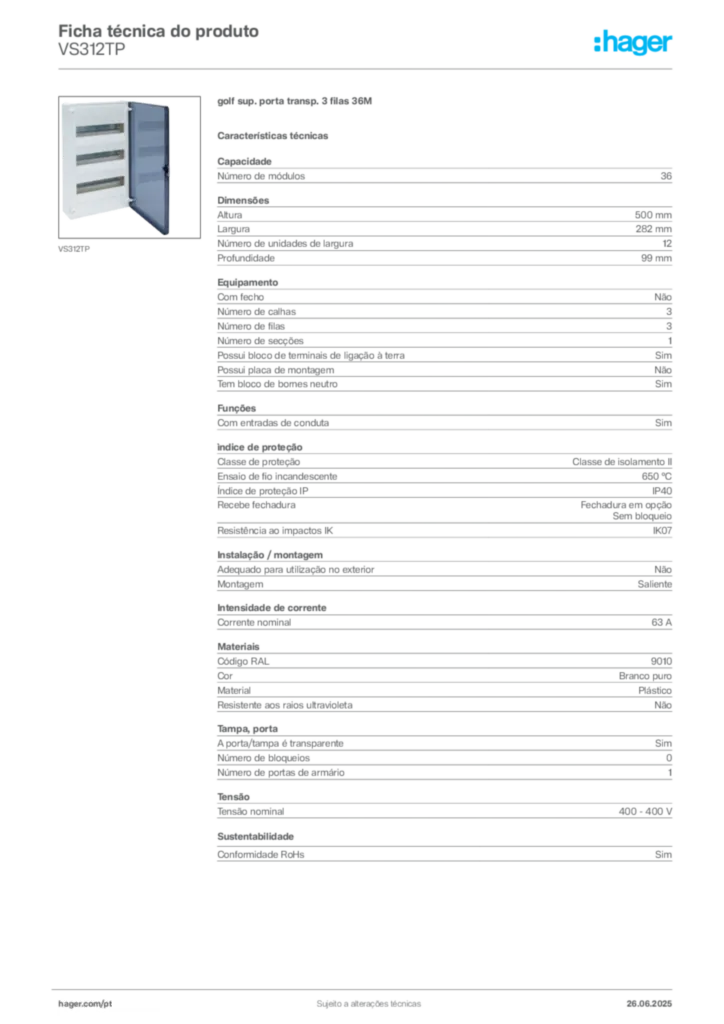 Imagem Hager Ficha técnica do produto VS312TP | Hager Portugal