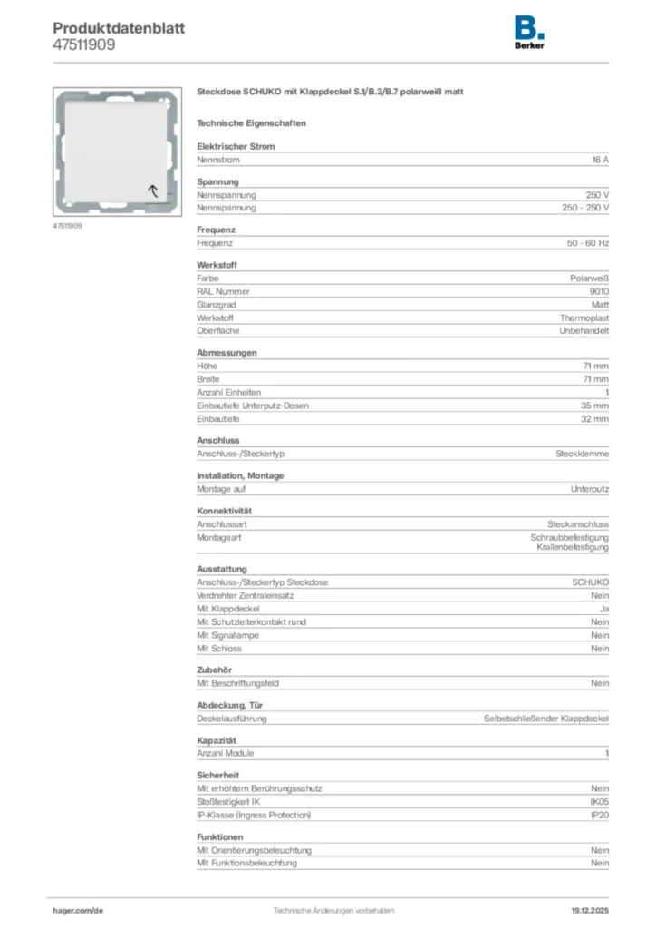 Bild Berker Produktdatenblatt 47511909 | Hager Deutschland