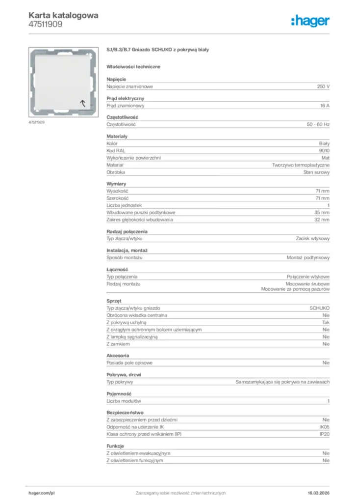 Zdjęcie Hager Karta katalogowa 47511909 | Hager Polska