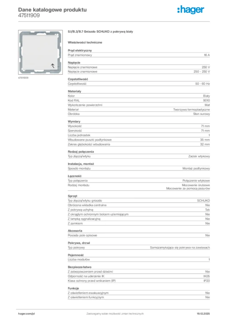 Zdjęcie Hager Karta katalogowa 47511909 | Hager Polska