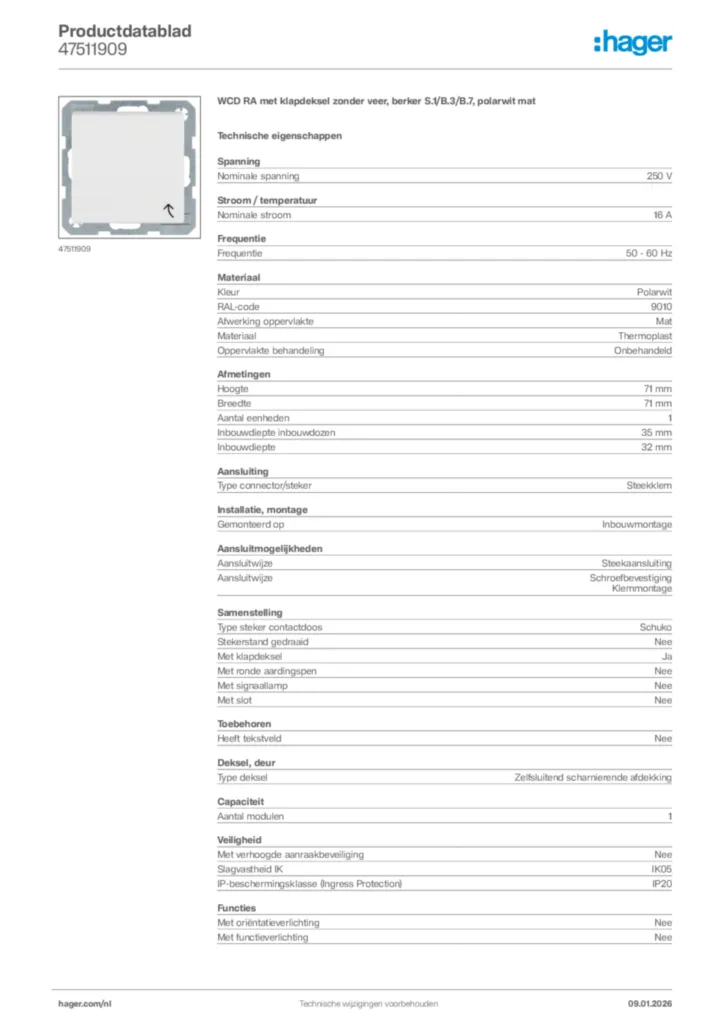 Afbeelding Hager Productdatablad 47511909 | Hager Nederland