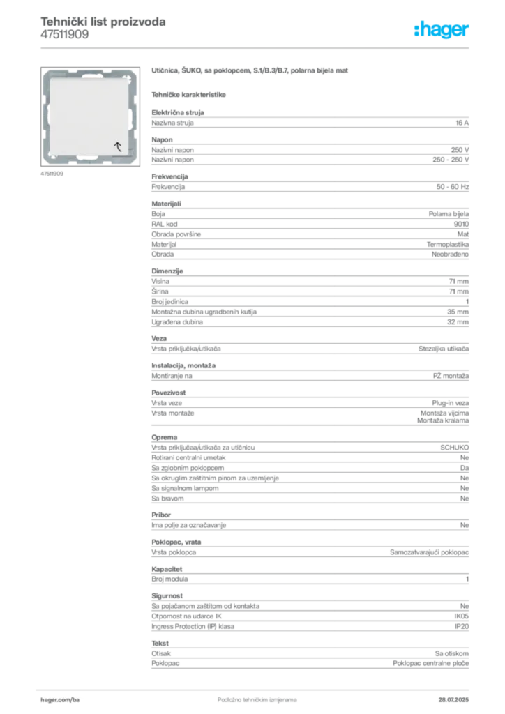 Slika Hager Product data sheet 47511909  | Hager