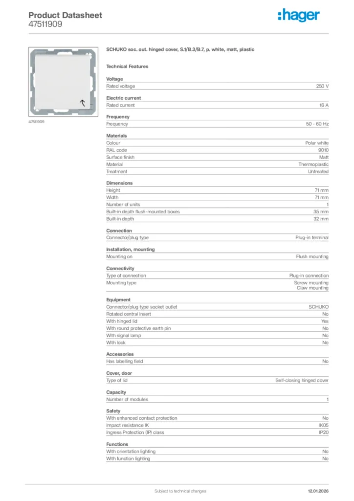 Image Hager Product data sheet 47511909  | Hager