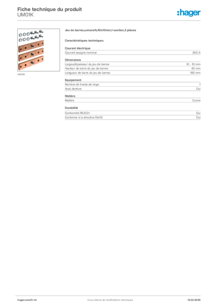 Image Hager Fiche technique du produit UM01K | Hager Suisse