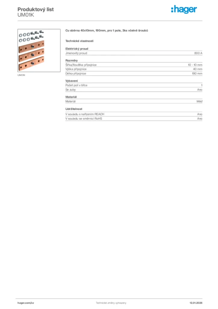 Obrázek Hager Product data sheet UM01K | Hager