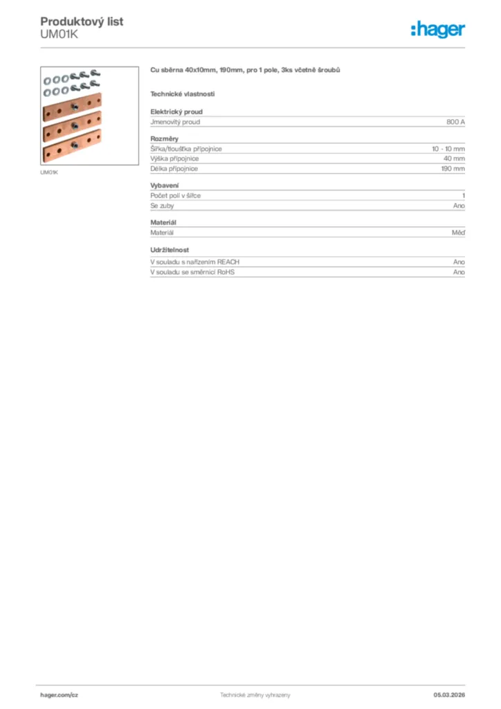 Obrázek Hager Product data sheet UM01K | Hager