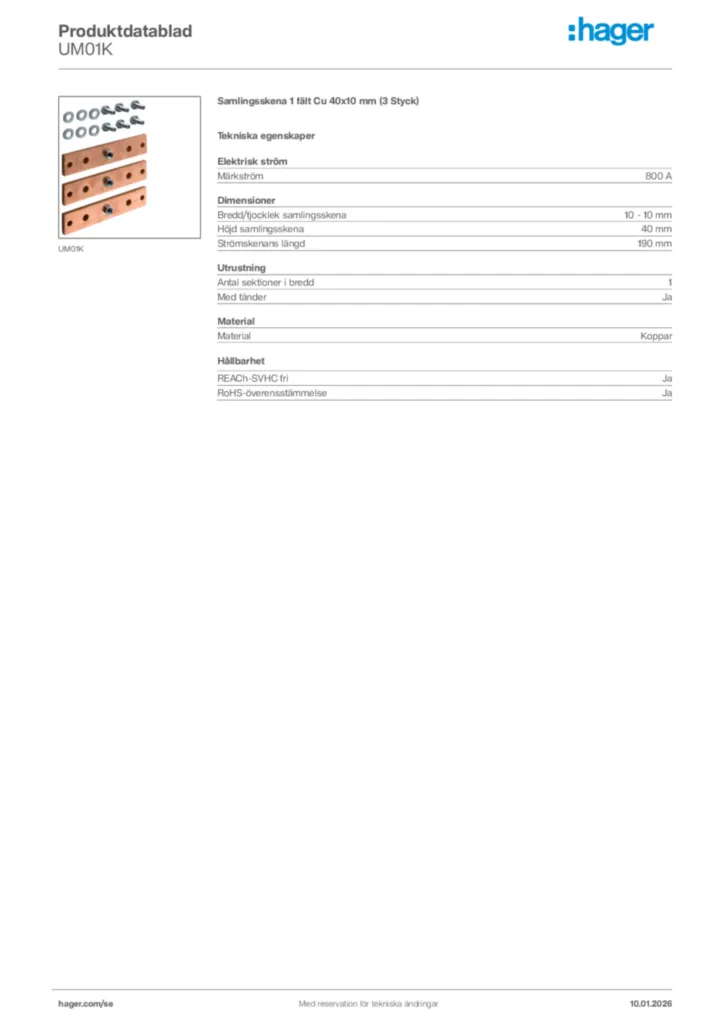 Bild Hager Produktdatablad UM01K | Hager Sverige