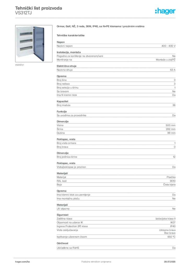 Slika Hager Product data sheet VS312TJ  | Hager
