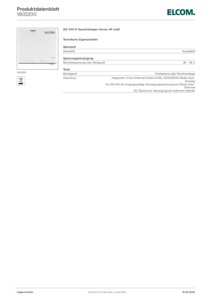 Bild Elcom Produktdatenblatt 1903200 | Hager Deutschland