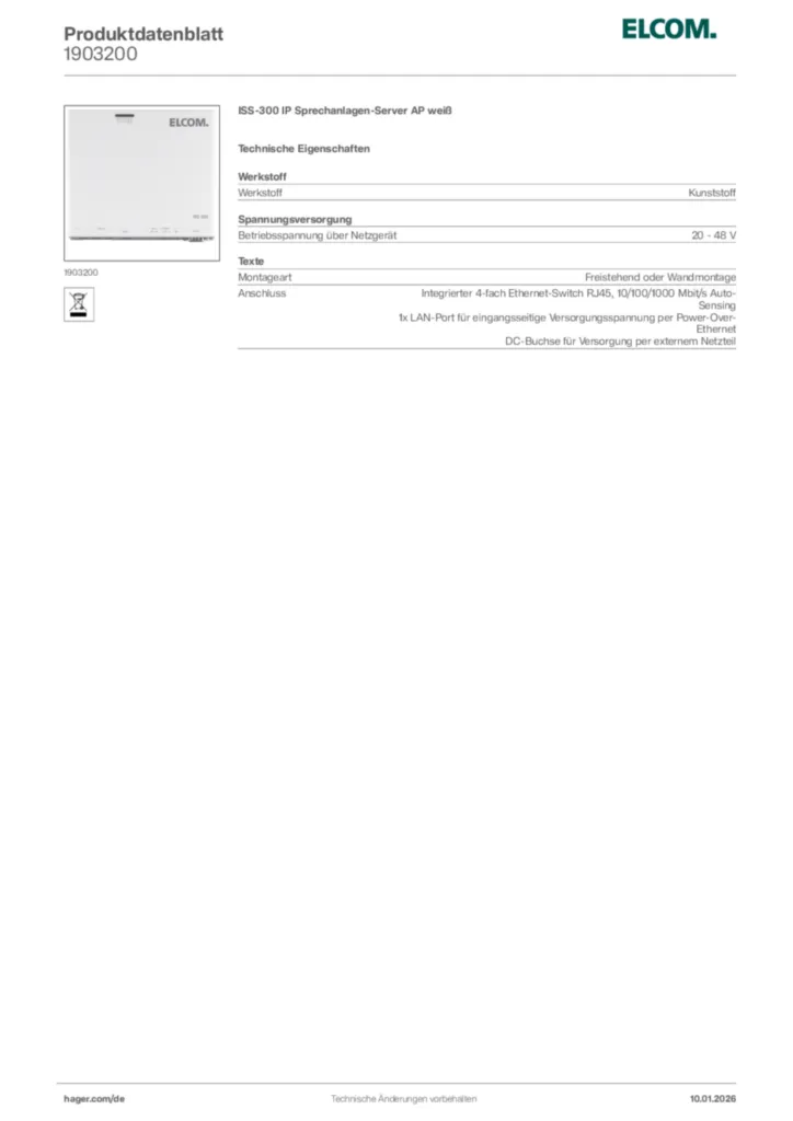 Bild Elcom Produktdatenblatt 1903200 | Hager Deutschland
