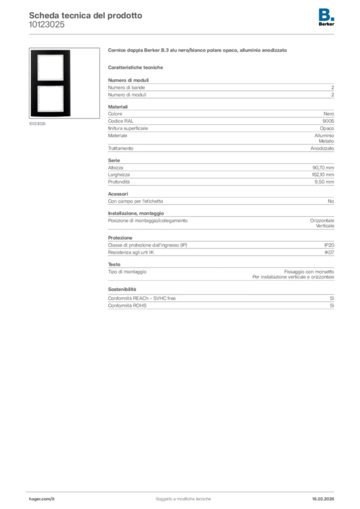 Immagine Berker Scheda tecnica del prodotto 10123025 | Hager Italia