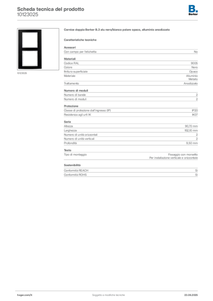 Immagine Berker Scheda tecnica del prodotto 10123025 | Hager Italia