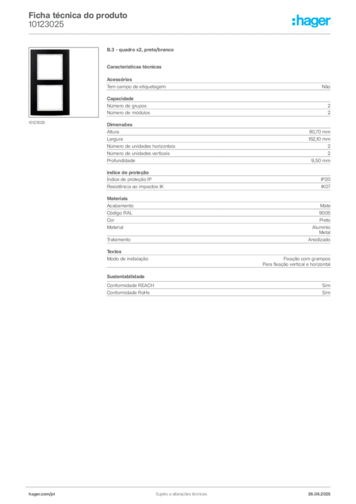 Imagem Hager Ficha técnica do produto 10123025 | Hager Portugal