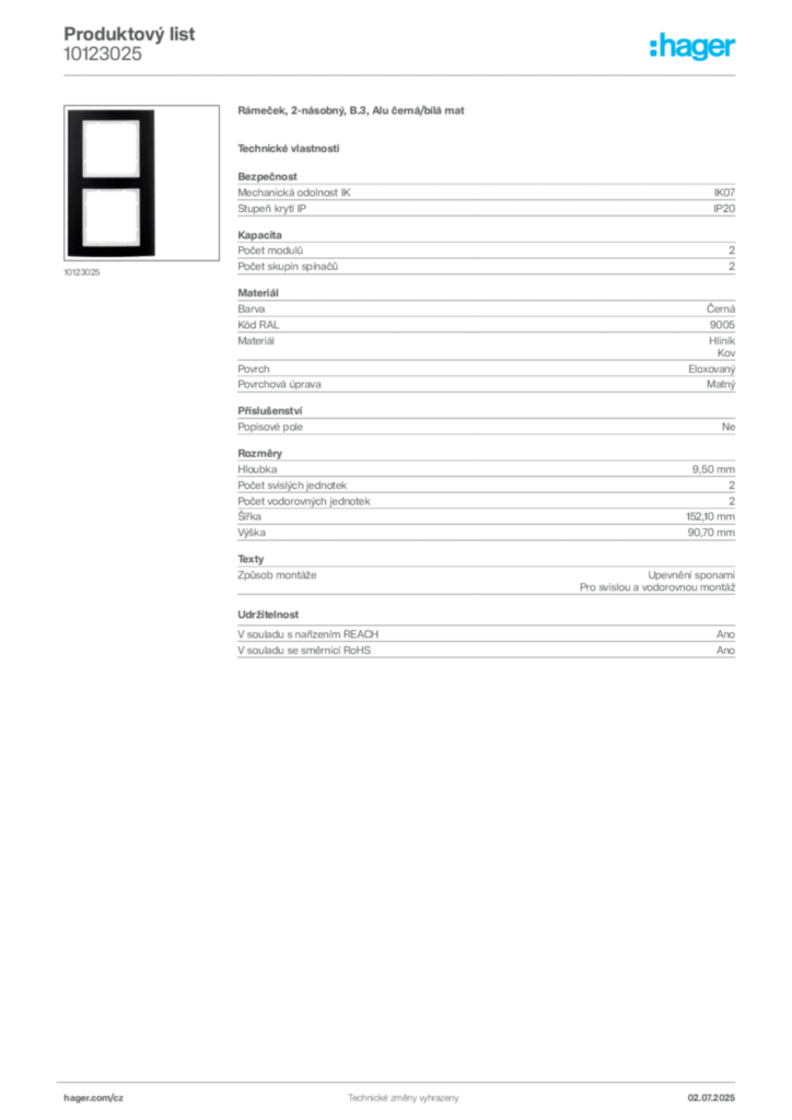 Obrázek Hager Produktový list 10123025 | Hager