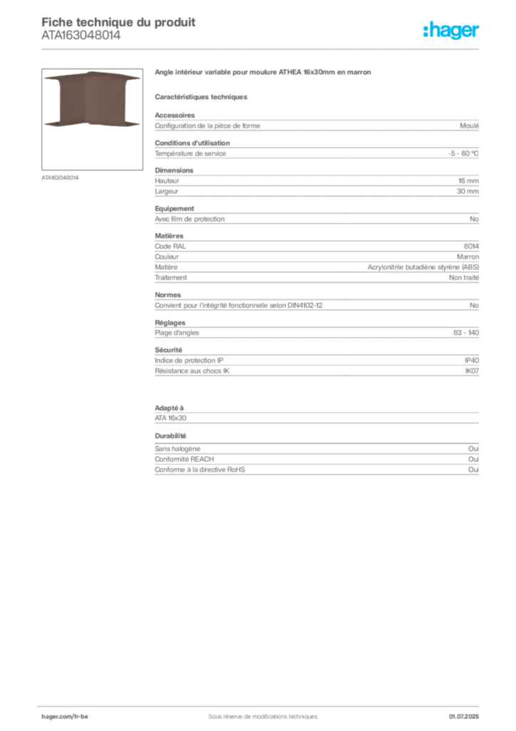Image Hager Fiche technique du produit ATA163048014 | Hager Belgique