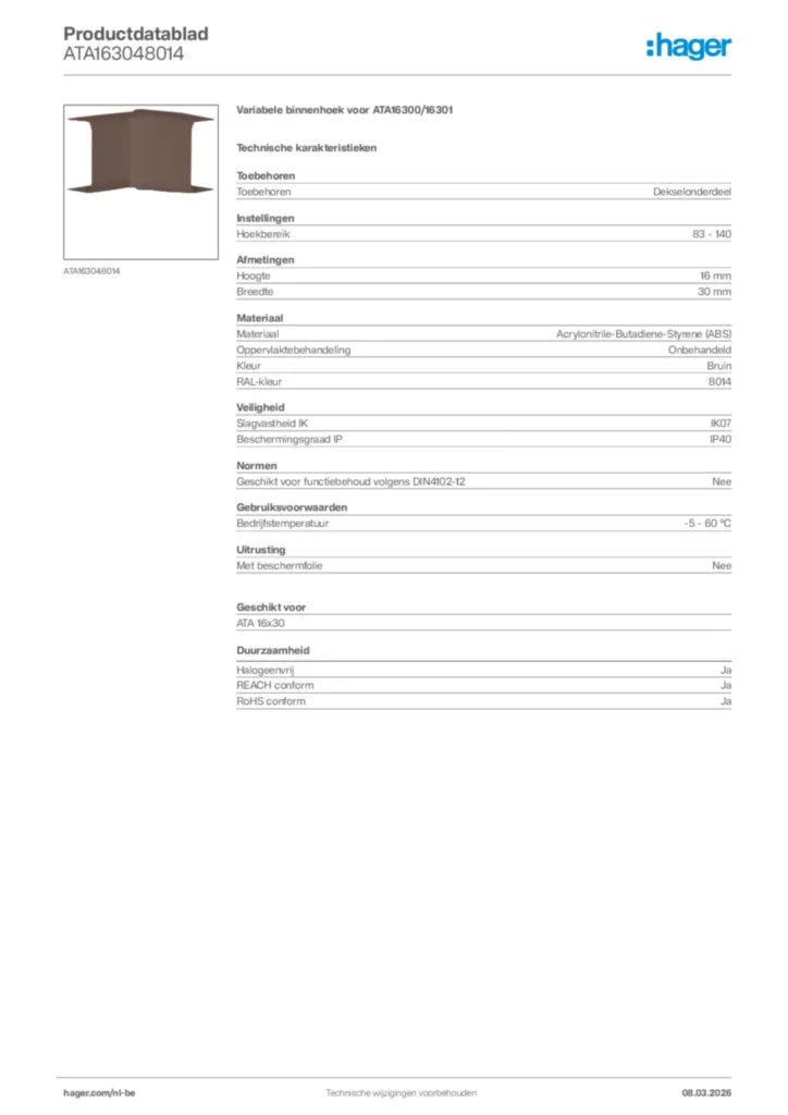 Afbeelding Hager Productdatablad ATA163048014 | Hager Belgium