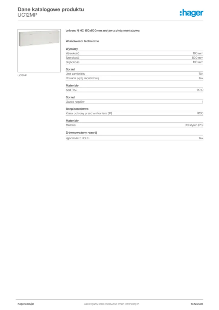 Zdjęcie Hager Karta katalogowa UC12MP | Hager Polska
