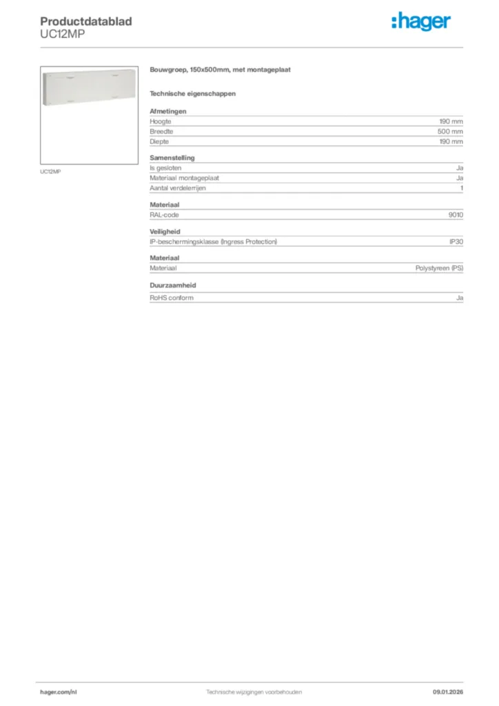 Afbeelding Hager Productdatablad UC12MP | Hager Nederland